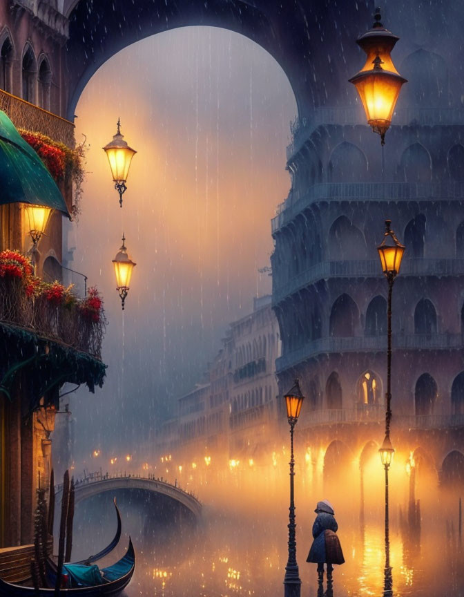 Canal with Gondolas and Arch Bridge in Rainy Venetian Twilight