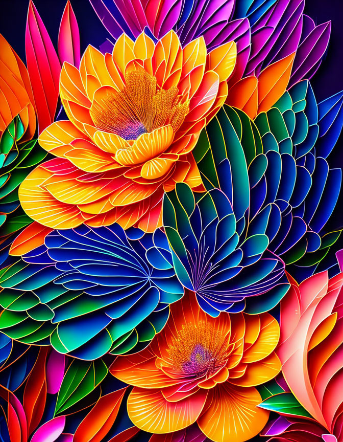 Colorful Stylized Flower Digital Art: Orange, Blue, and Pink Petals on Dark Background