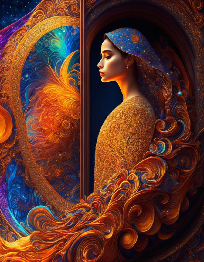 Woman in ornate golden clothing surrounded by vibrant fiery patterns on cosmic background