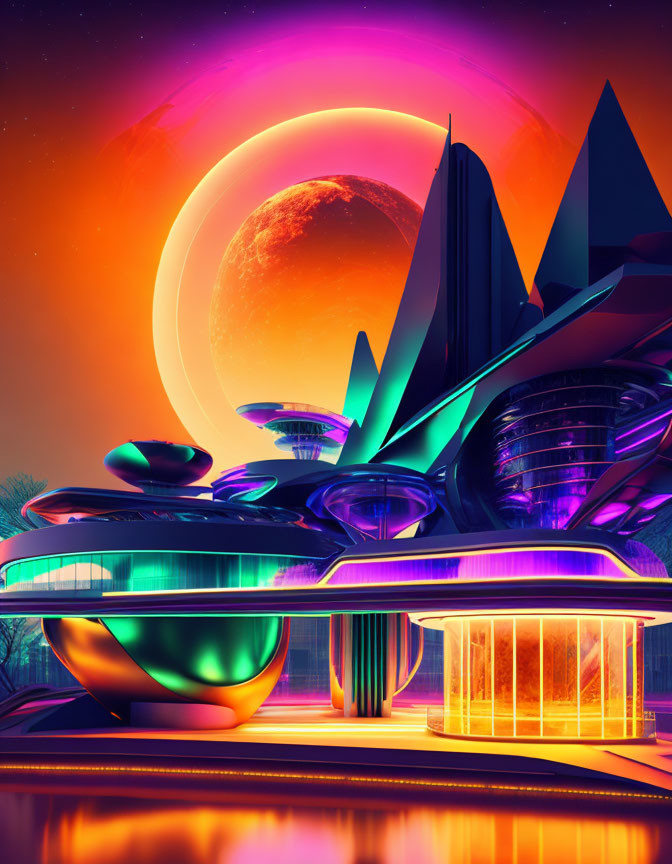 Futuristic cityscape with neon-lit buildings, moon, and ringed planet.