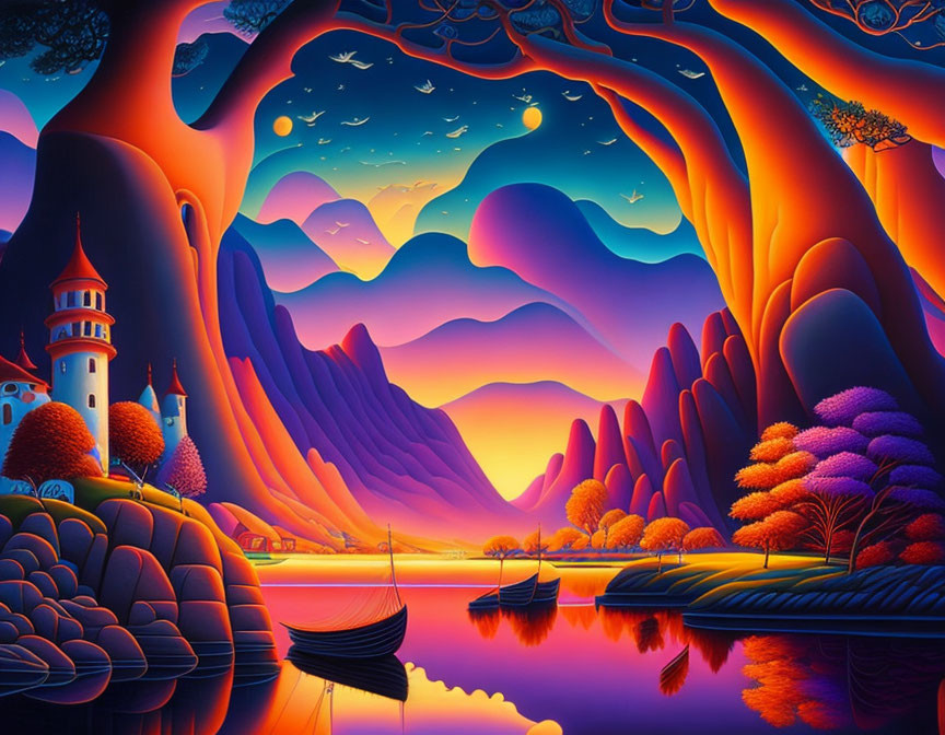 Colorful surreal landscape with castle, trees, mountains, and serene lake at sunrise or sunset