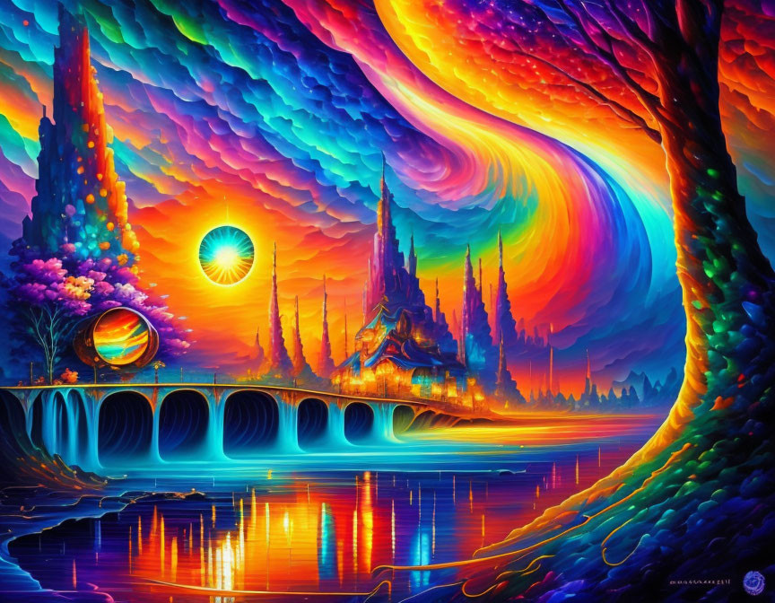 Colorful Surreal Landscape with Castle and Swirling Skies