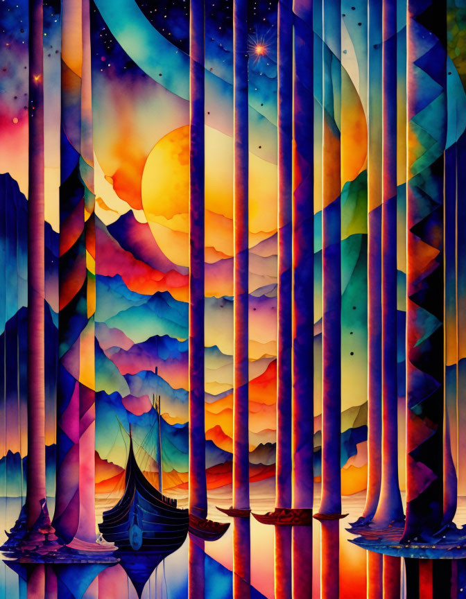 Colorful forest illustration: tall trees, starry sky, large moon, layered mountains, boat on