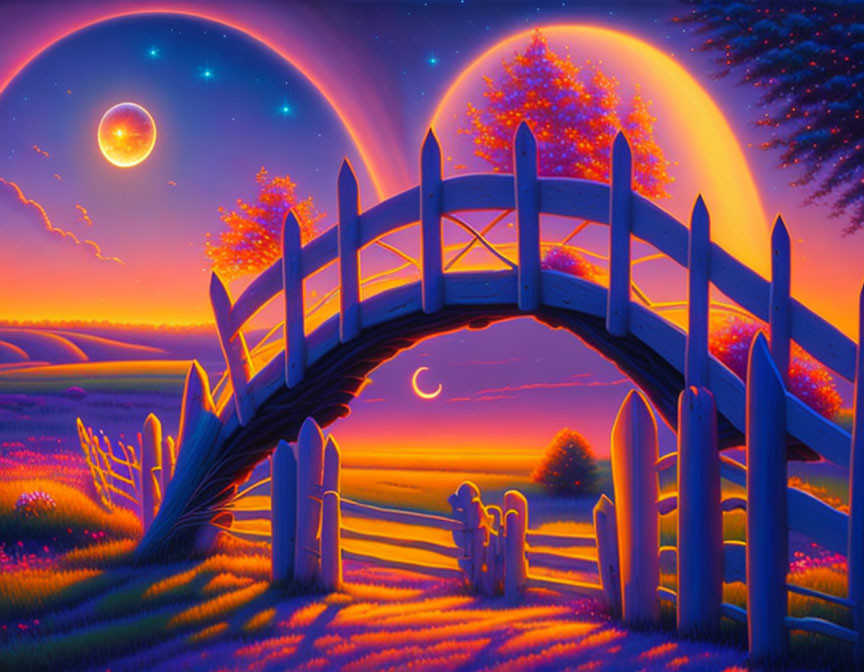 Fantasy landscape at twilight: wooden bridge, glowing trees, starry sky, sun and moon,