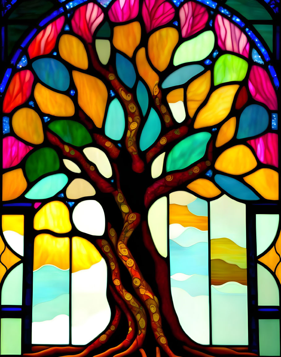 Vibrant stained glass window with tree and colorful leaves against sky and hills