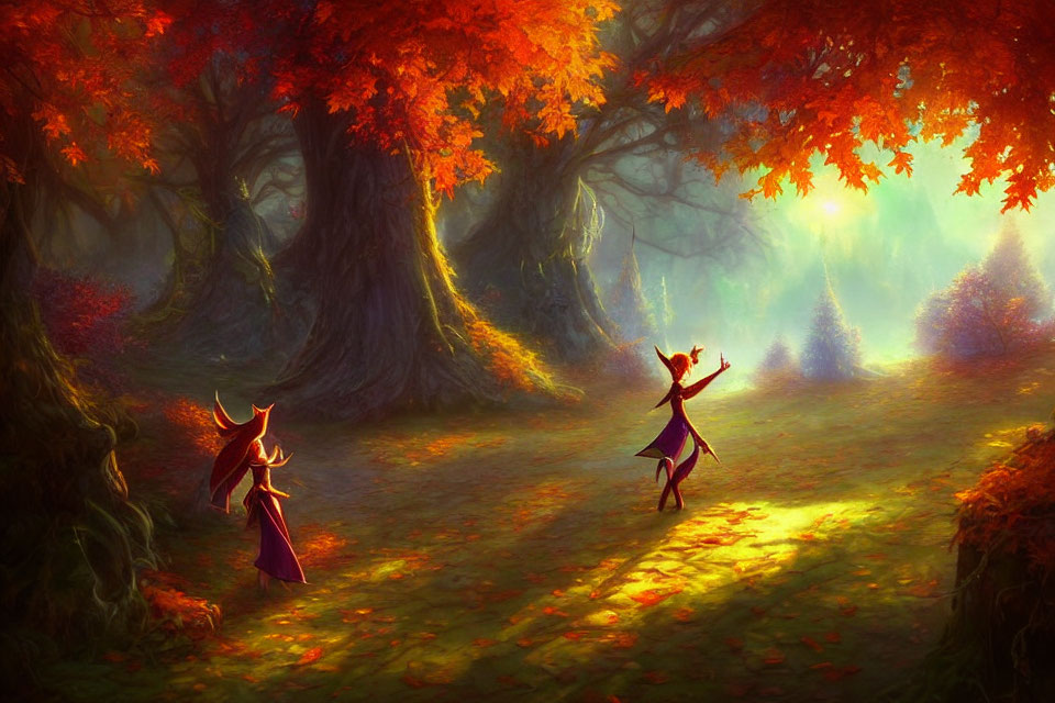 Vibrant autumn forest with animated figures among sunlit trees