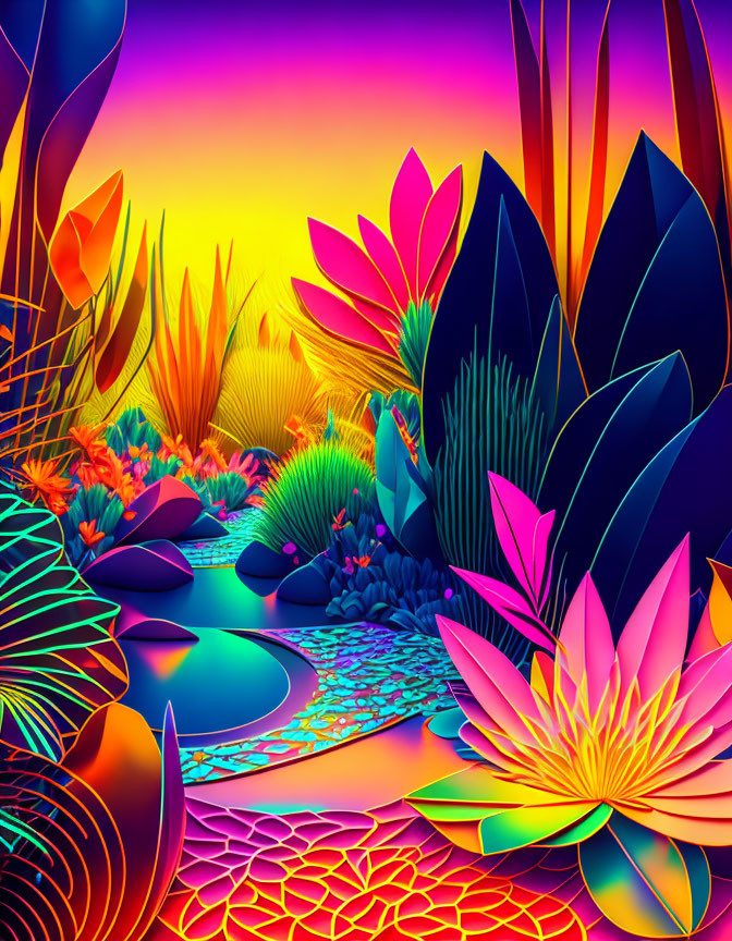 Surreal neon landscape with stylized plants and flowers