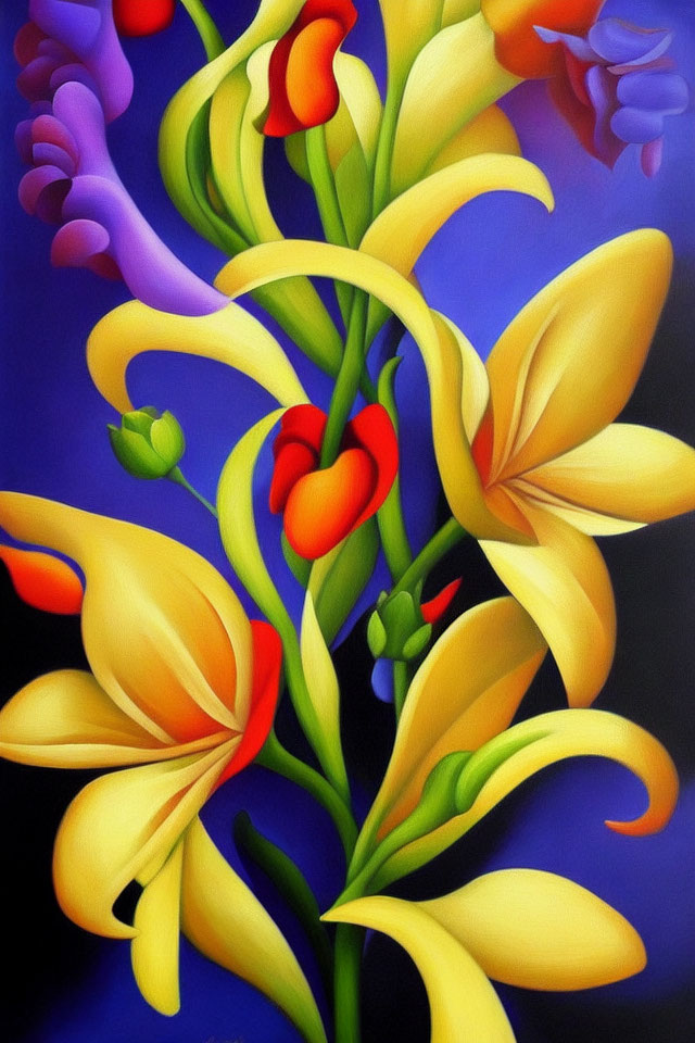 Colorful Flower Painting with Yellow Lilies and Red Calla Lilies on Blue Background