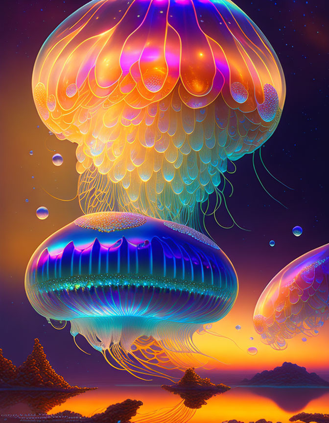 Colorful digital artwork: iridescent jellyfish in starry sky