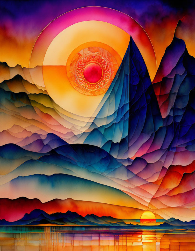 Colorful abstract landscape: stylized mountains, vibrant sunset, geometric layers, reflecting water.