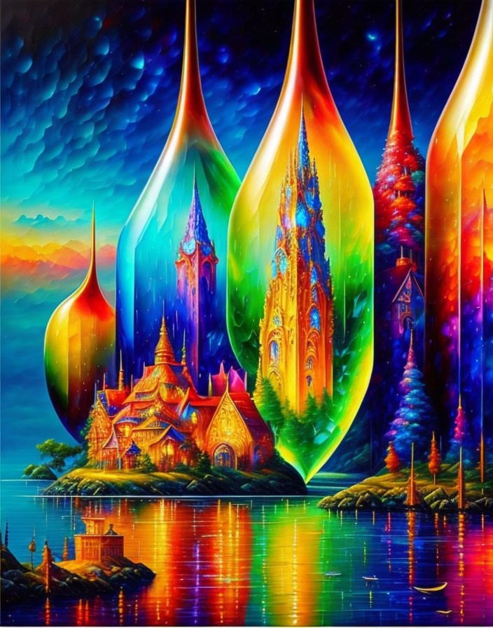 Fantasy landscape with luminous droplet-shaped structures reflected in tranquil water.