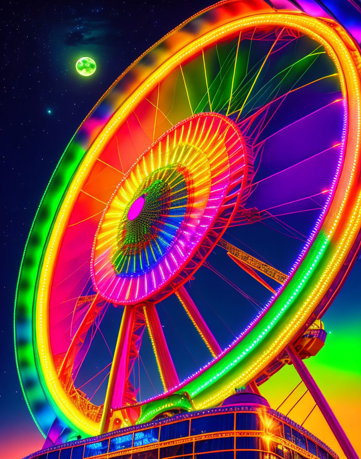 Colorful neon-lit Ferris wheel shines at night under crescent moon