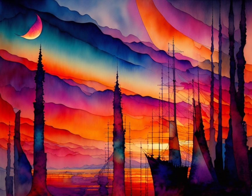 Colorful Watercolor Painting of Layered Mountains with Moon and Sailboats