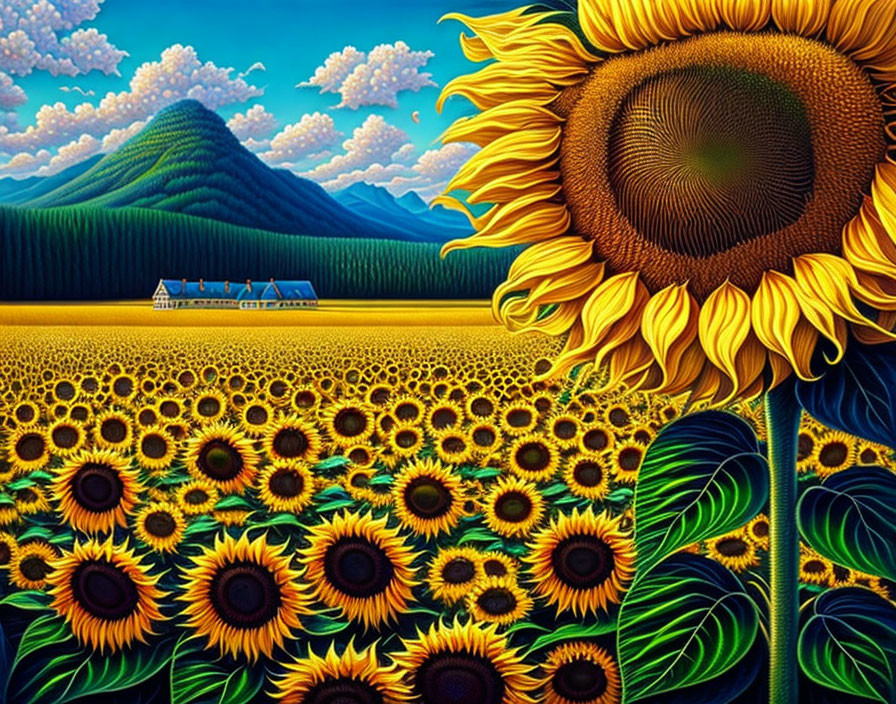 Colorful sunflower field painting with large bloom, distant house, and cloudy sky