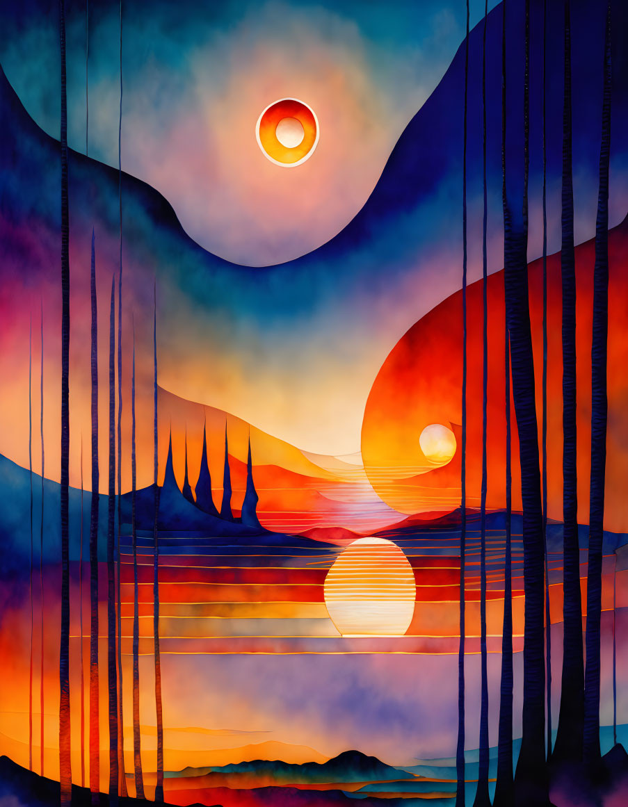 Abstract image: Multiple suns in gradient sky with tree and mountain silhouettes