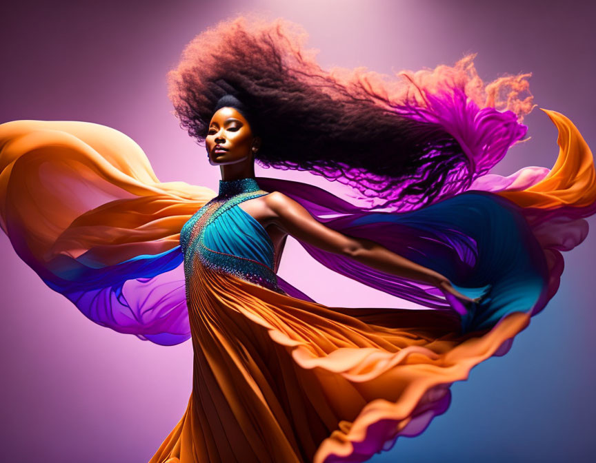 Vibrant woman in orange and blue dress with dynamic hair on purple background