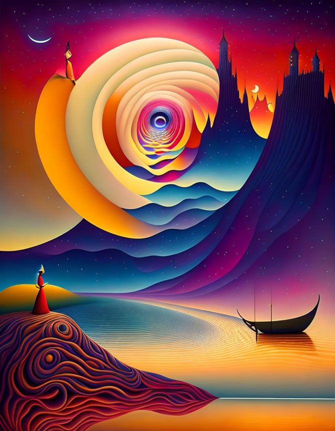 Surrealist landscape with swirling skies, boat, figure, spires, crescent moon