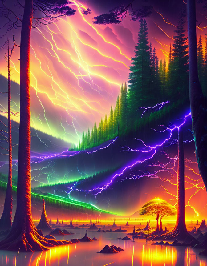 Surreal neon storm over tranquil lake with colorful trees