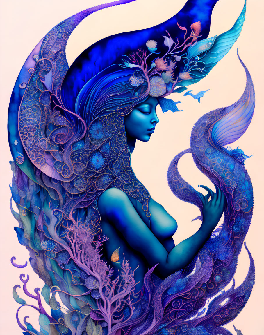 Fantasy illustration of woman with blue and purple peacock-inspired adornments and floral designs