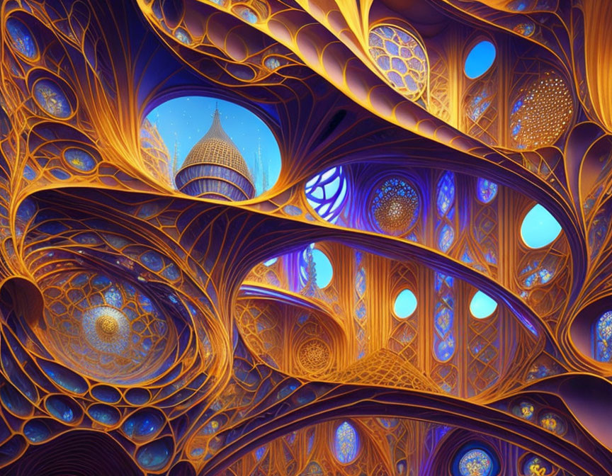 Intricate blue and orange fractal patterns with luminous highlights