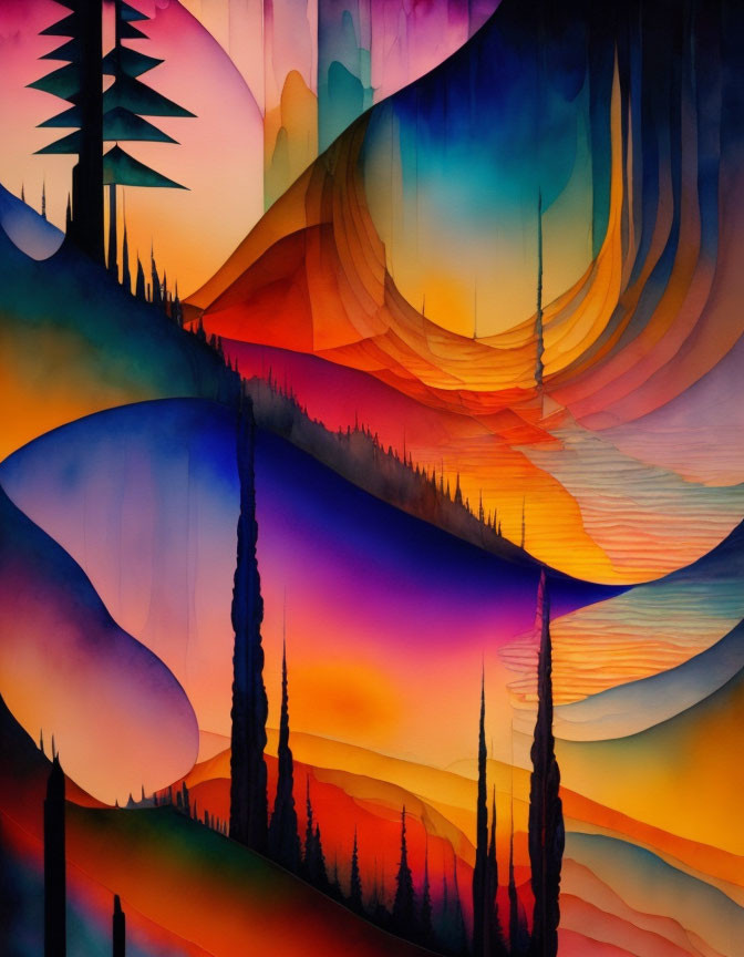 Colorful Watercolor Landscape with Silhouetted Trees in Abstract Sunset