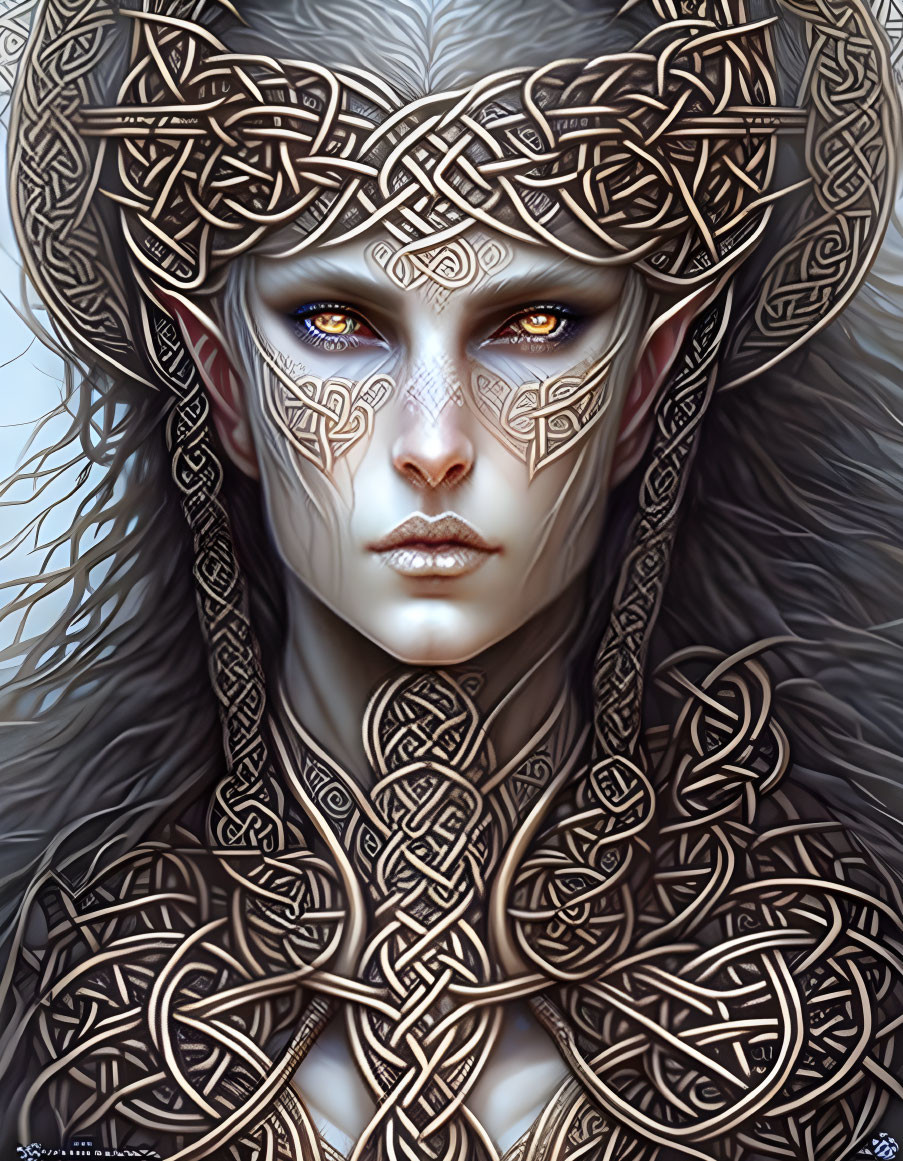 Fantasy female character with golden Celtic knot patterns.