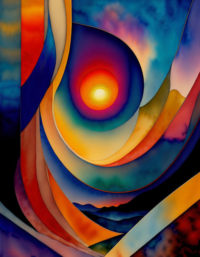 Vibrant Abstract Painting with Swirling Layers and Luminous Orb