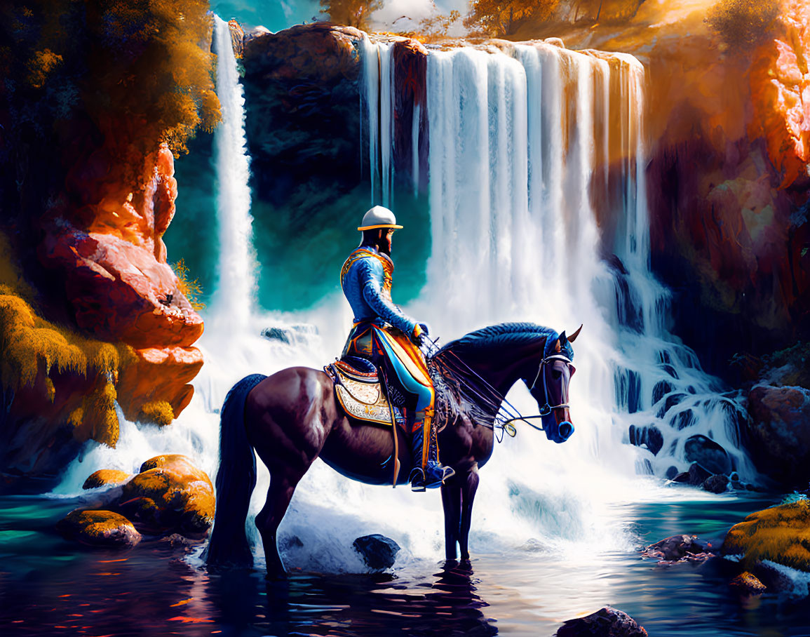 Historical armored rider near lush waterfall landscape