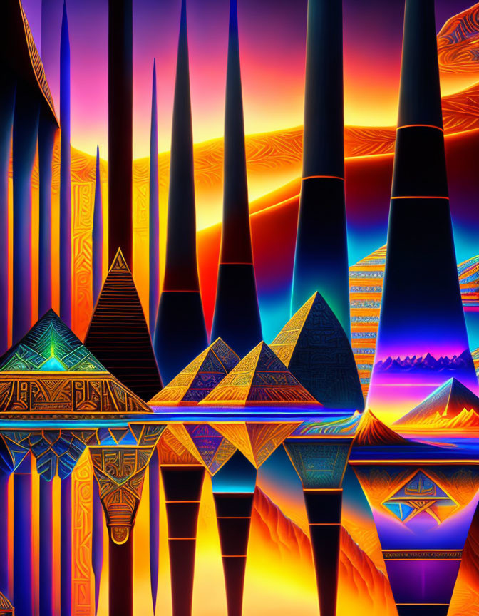 Abstract futuristic digital art: Neon pyramids in blues, oranges, and purples