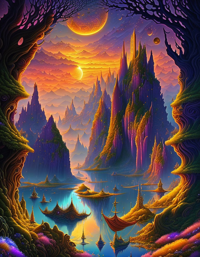 Colorful Fantasy Landscape with Mountains, Waterfalls, Flora, River, Moons, and Sun