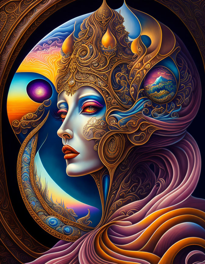 Colorful Stylized Woman Illustration with Golden Headgear in Night Scene