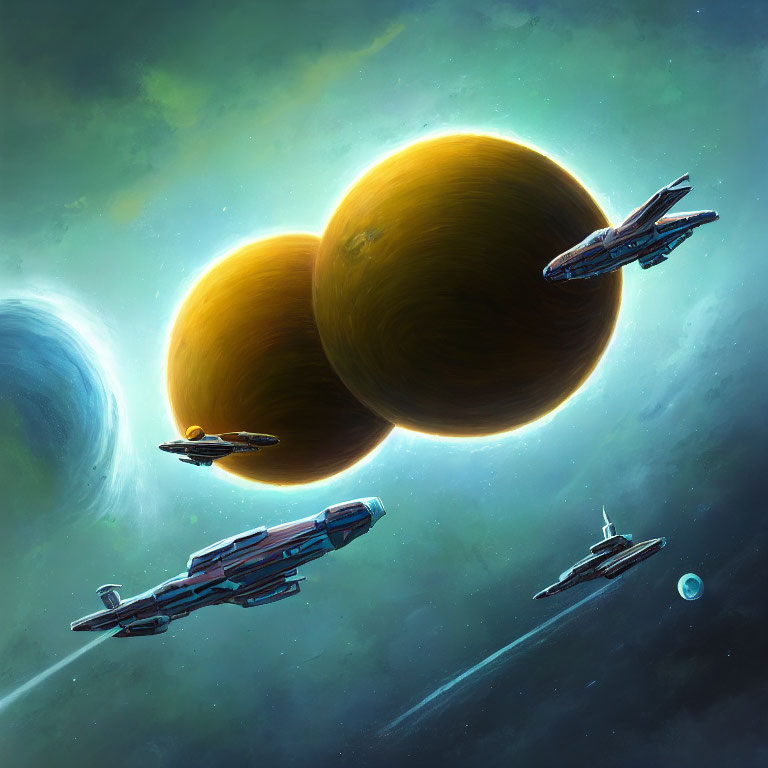 Futuristic spaceships near gas planet with moons and nebula