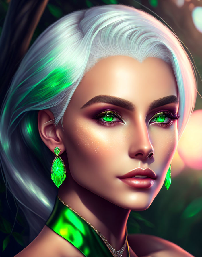 Silver-haired woman with green highlights and eyes in digital art against foliage background