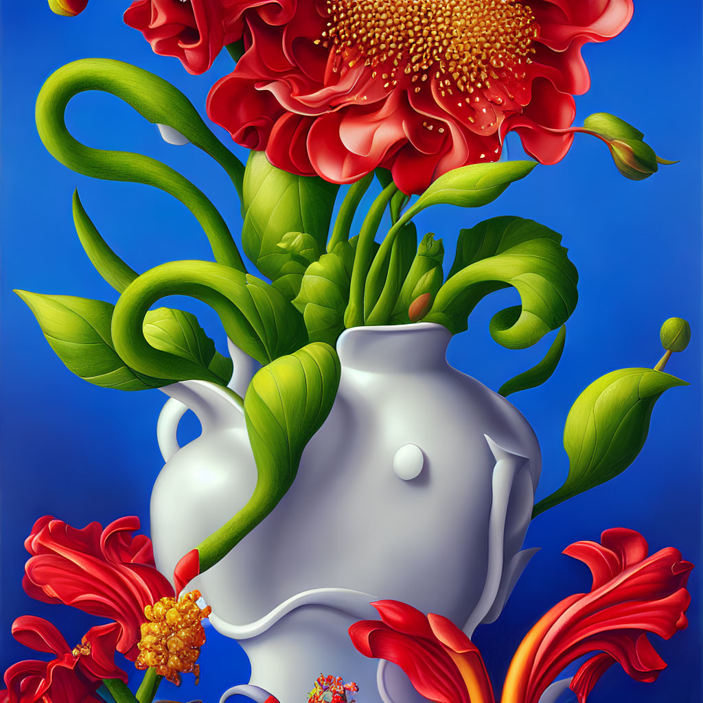 Detailed Red Flowers in White Vase on Blue Background