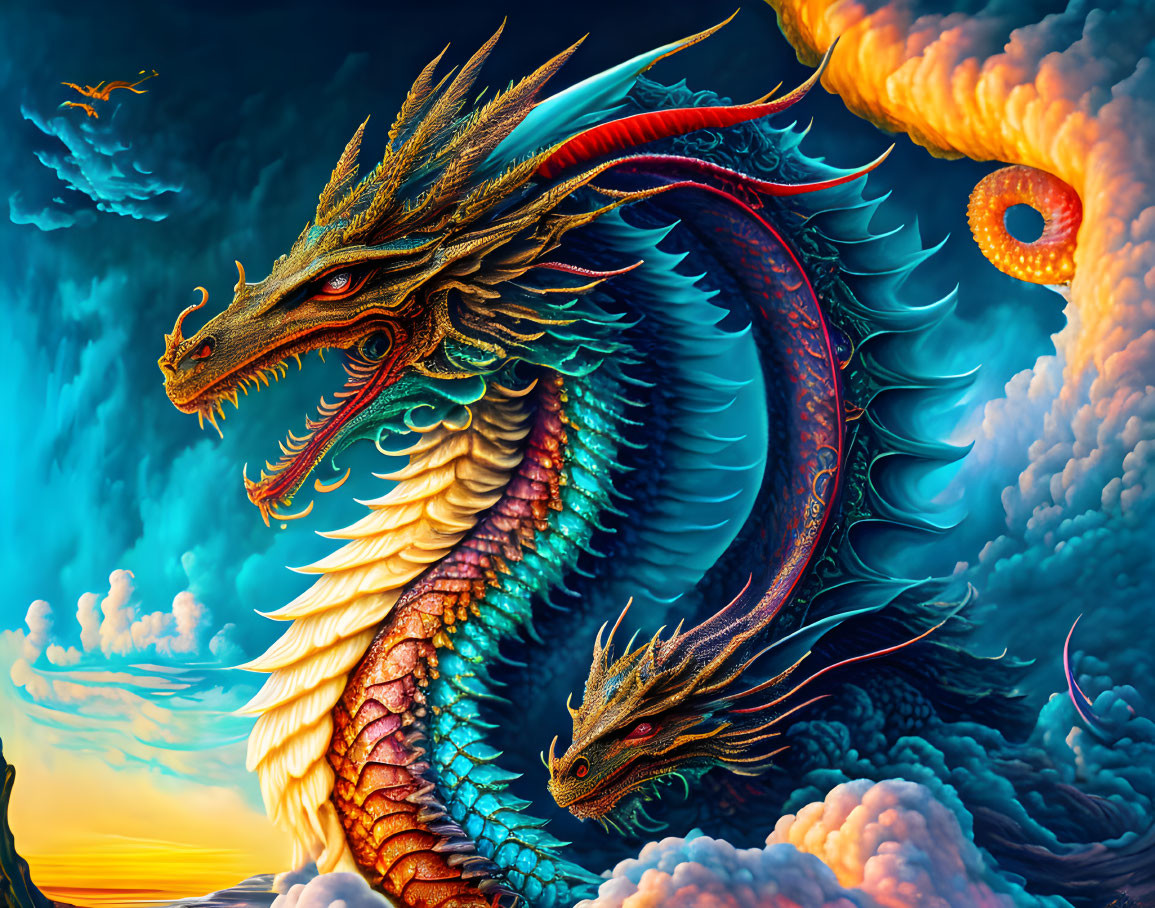 Detailed Dragon Sky Sunset Scene with Coiled Serpent