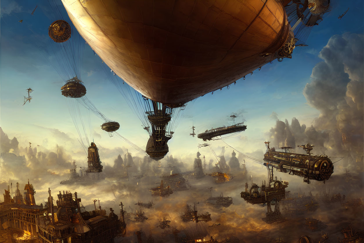 Steampunk Cityscape with Airships and Industrial Structures