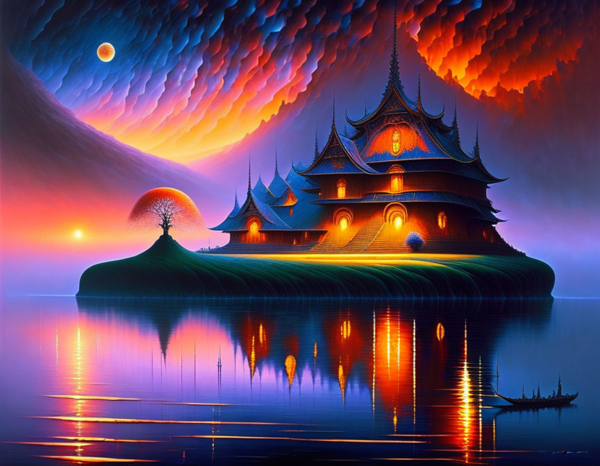 Fantasy artwork: Stylized temple on island with glowing moon