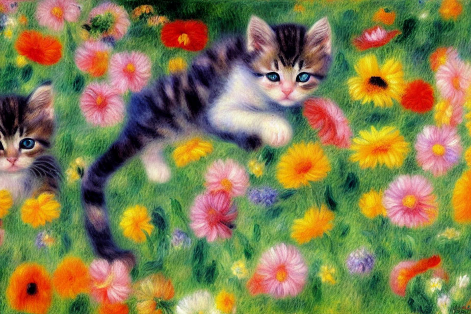 Two kittens in colorful flower field on sunny day