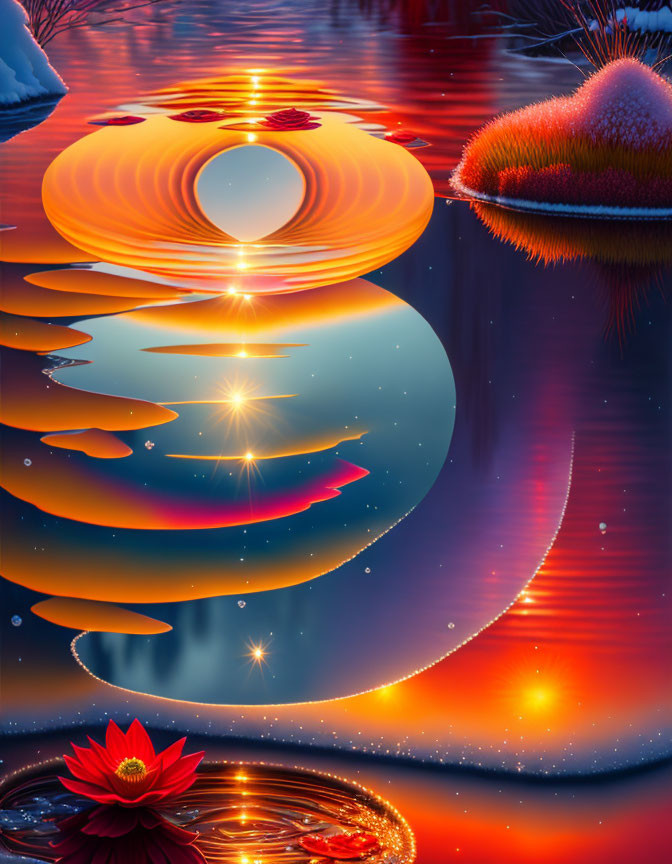 Digital Art: Serene Sunset Reflections with Lily Pads and Red Flower