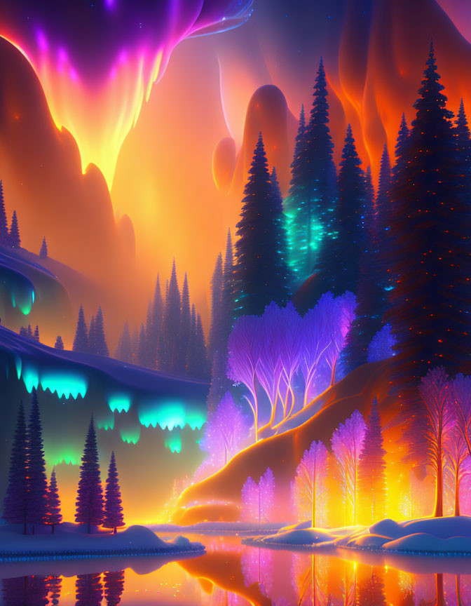 Mystical forest digital artwork with neon colors and glowing trees