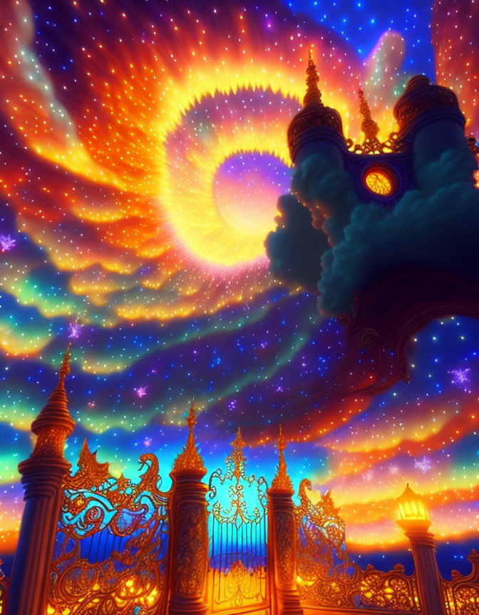 Vibrant cosmic sky with swirling colors and ornate temple spires.