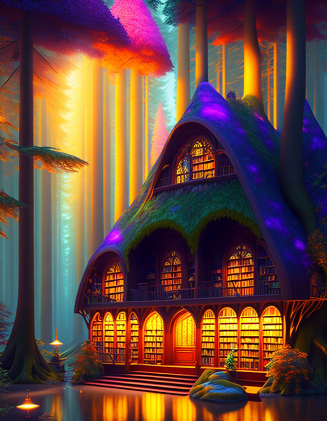 Enchanted forest fantasy library with thatched roof