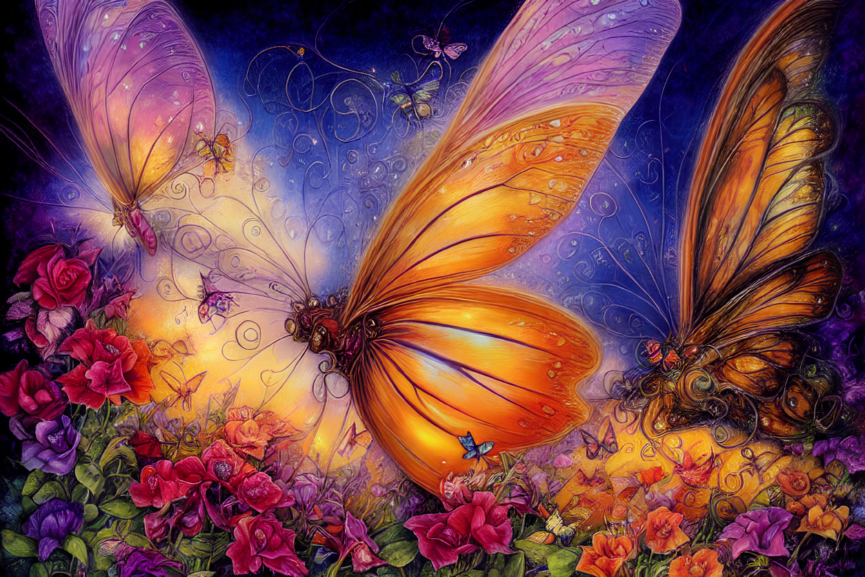 Colorful Butterflies and Roses Illustration on Purple Background