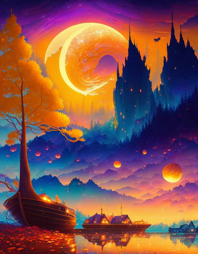 Autumn lake scene with boats, swirling moon, stars, and birds