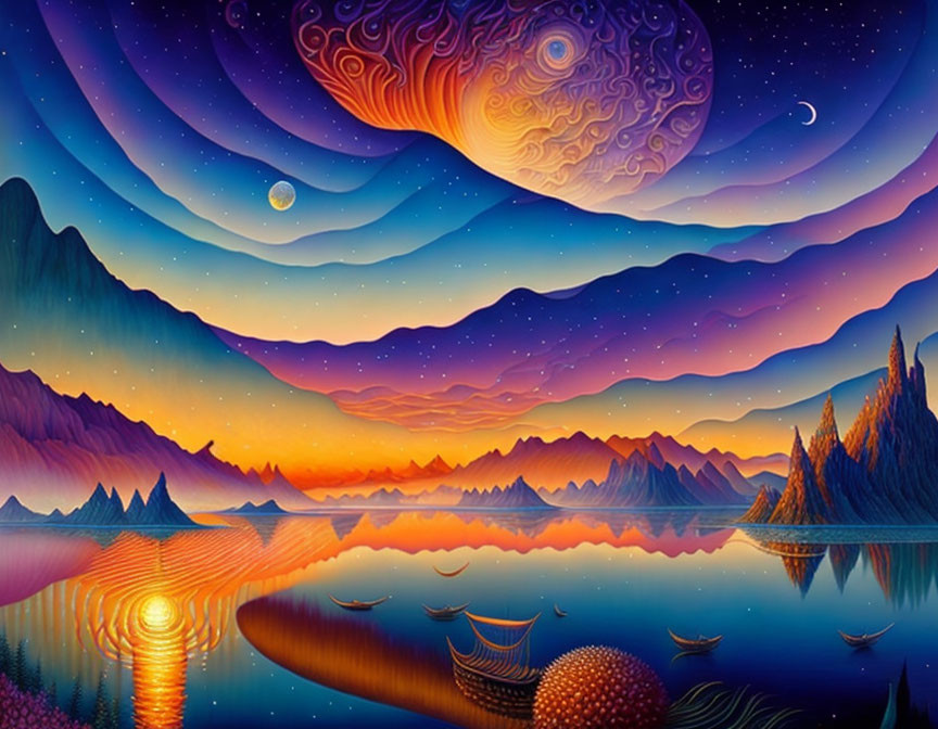 Surreal landscape with reflective lake, mountains, starry sky, and boats