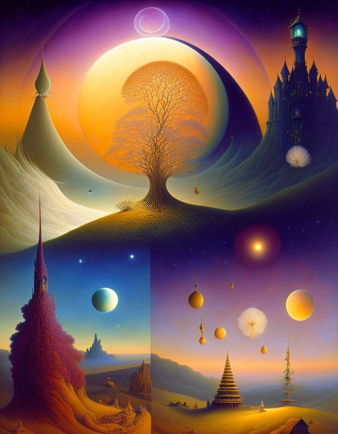 Surreal landscape with large tree, planets, spired structures & warm sunset palette