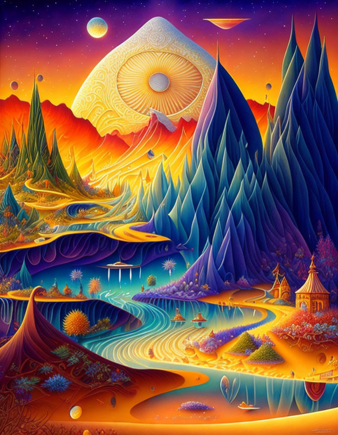 Colorful surreal landscape with stylized mountains, rivers, and celestial sky.