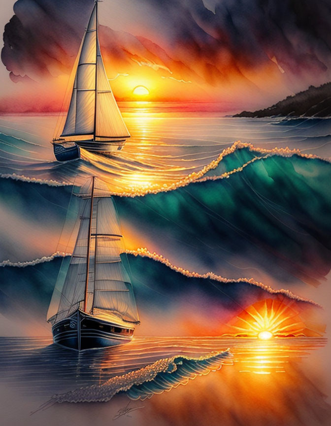 Sailboat on serene sea at sunset with warm glow and reflections