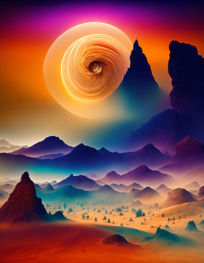 Colorful digital artwork: Rocky peaks, dunes, surreal sky, celestial body