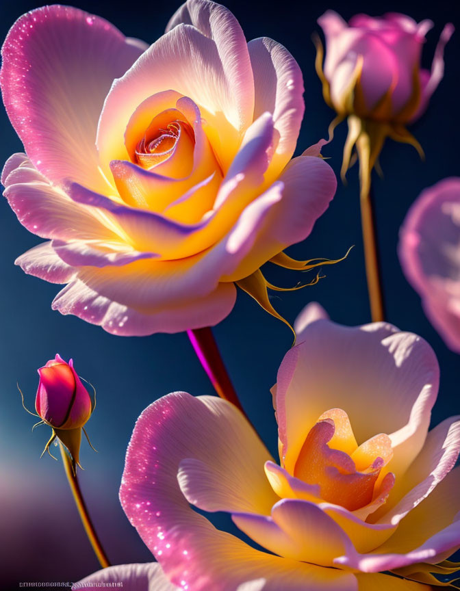 Vibrant pink and yellow roses with dewdrops on petals in close-up view